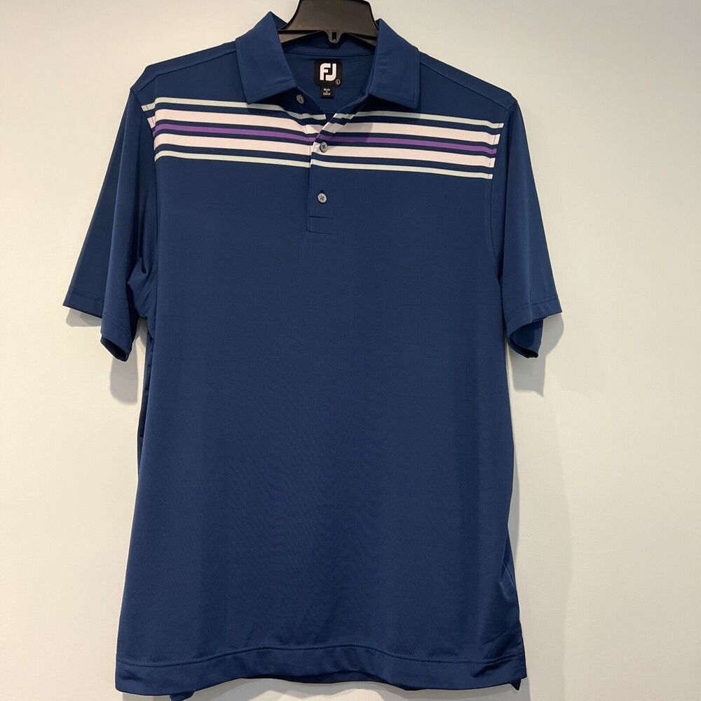 FootJoy Polo Shirt Mens Size Large Stripe Navy Blue Golf Stretch Performance